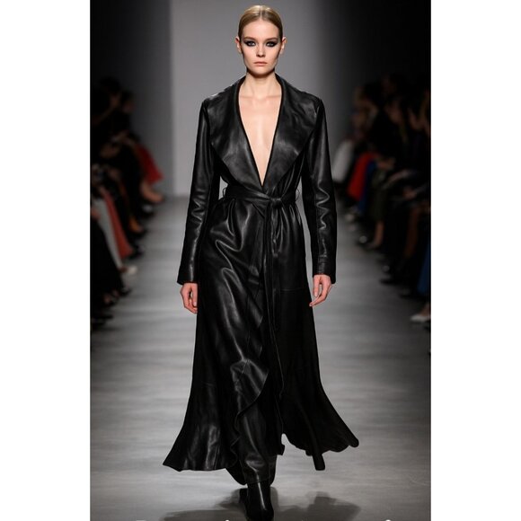 GIAN MORI Black Genuine Leather Maxi Coat  Runway Style Made in Europe, Belted S - Picture 1 of 15